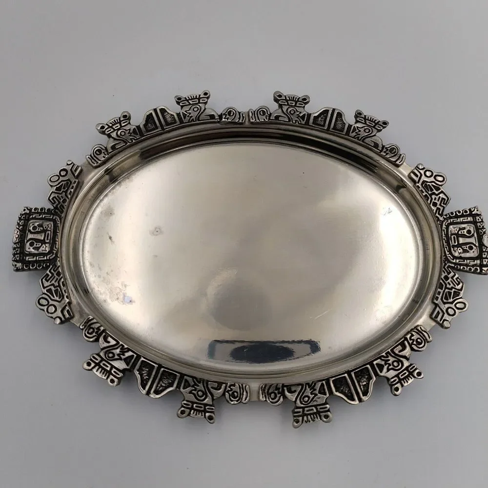 VTG Made in‎ Bolivia 97% Pewter Trinket Dish Oval Inca Tribal Indian Design FEMA